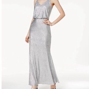 Calvin Klein Silver Metallic V-Neck Maxi Gown